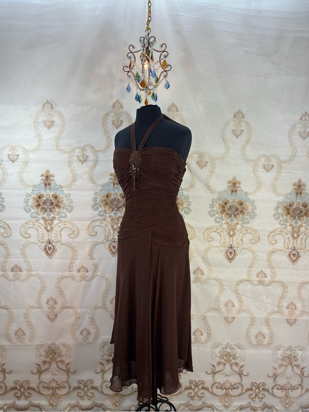 Signature by Sangria One-Shoulder Brown Cocktail Dress with Center Jewel Accent